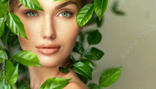 Primo piano sul visto di una bella donna adornato con lussureggianti foglie verdi. Concetto di trattamenti naturali di bellezza e cura della pelle. photo