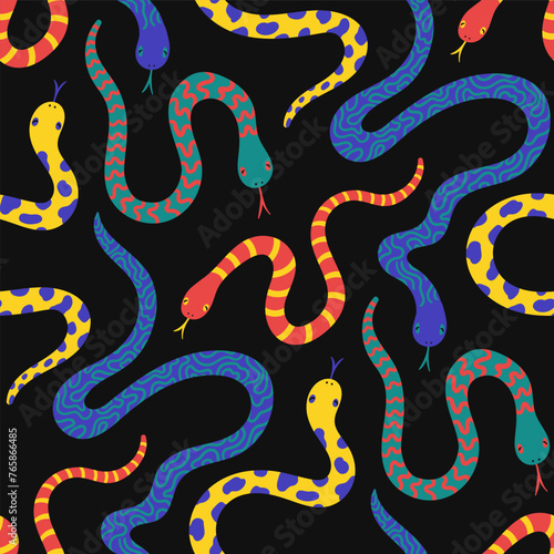 vector colorful doodle snakes seamless pattern on black.