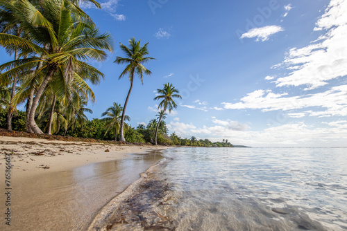Romantic Caribbean sandy beach with palm trees, turquoise sea. Morning landscape shot at sunrise at Plage de Bois Jolan, Guadeloupe, French Antilles photo