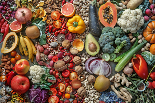 Disposizione artistica di ingredienti freschi come frutta, verdura, noci e semi, a rappresentare la varietà e la vitalità di una dieta sana.