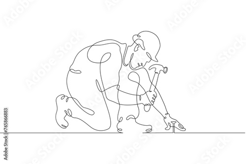 One continuous line. Construction worker. The builder uses a hammer. Construction works. Building renovation. One continuous line is drawn on a white background.