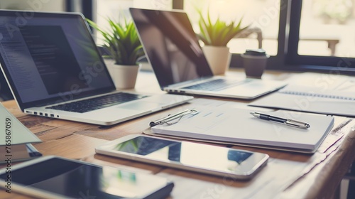 Laptop, mobile phone, tablet and documents on a working table in creative office. Successful teamwork and business startup concept. Toned image