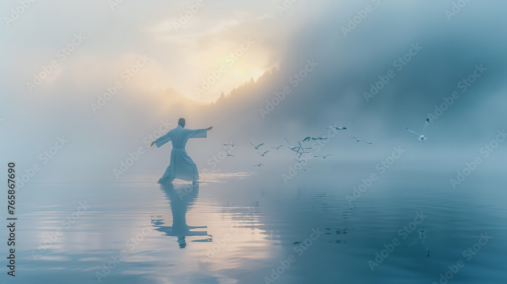 Person meditating in calm water