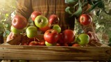 Closeup of Farmer Holding Wooden Crate with Falling Apples.