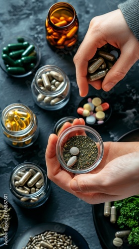 Person Selecting Supplements from Various Herbal Pills and Capsules with a Focus on Health and Wellness.