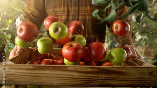 Closeup of Farmer Holding Wooden Crate with Falling Apples.