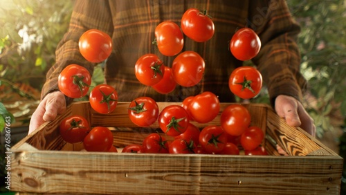Closeup of Farmer Holding Wooden Crate with Falling Tomatoes.