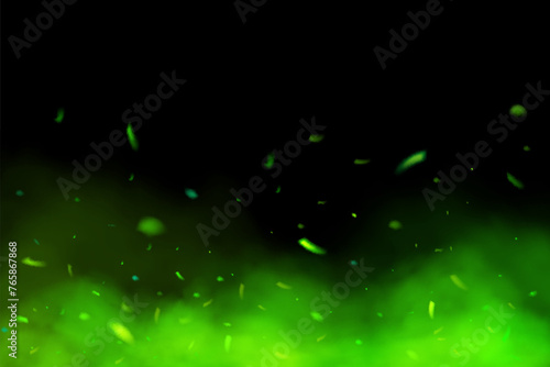 Green fire and flying sparks. Green smoke effect overlay. Realistic ight mystic bonfire particles in flame Neon magic fog on dark background © lightgirl