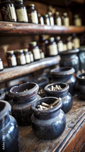 Traditional Ceramic Pots and Jars on Wooden Shelves in a Rustic Setting, Illustrating the Concept of Handicraft and Heritage.