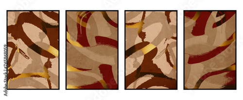 Set of 4 Abstract art. Artistic illustration for printing. The Art of the Golden Wall. Modern interior design. Vintage grunge old .