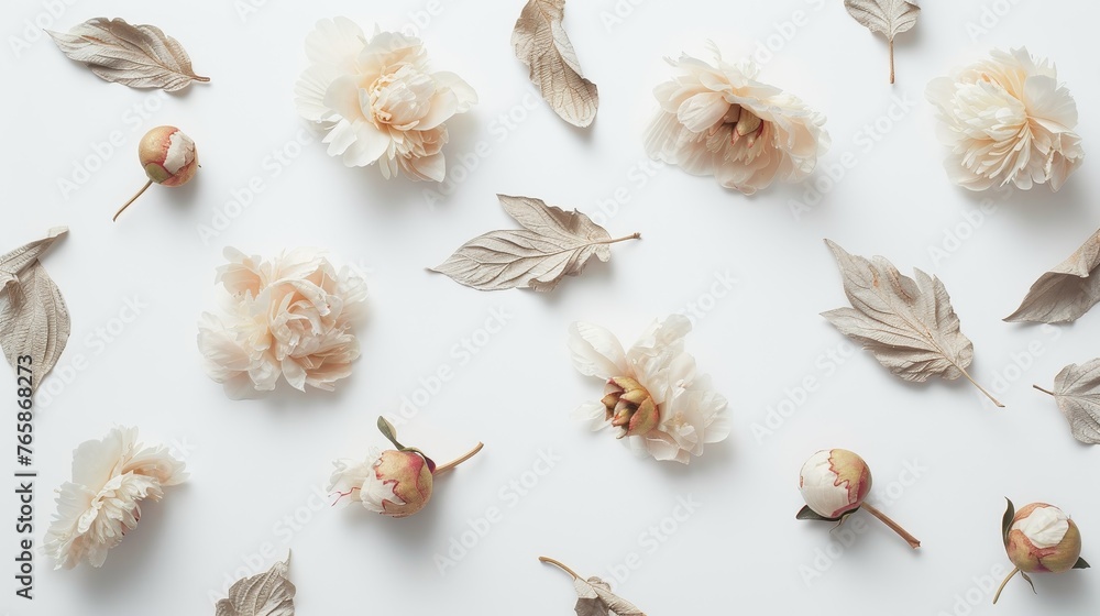 Fototapeta premium Delicate Impressionistic Painting of Rare Beige and White Peonies with Ornamental Leaves in Soft Tones, Emphasizing Paint Texture and Marks.