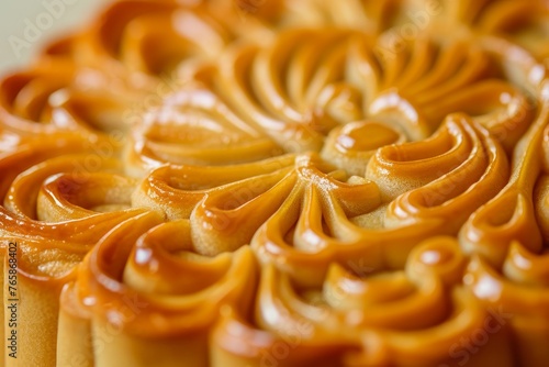 Close-Up of an Intricately Designed Mooncake, Highlighting the Detailed Patterns and Crust Texture Concept.