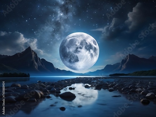 Envision the amazing sight of a full moon illuminating the night sky with its ethereal glow casting a soft silver light over the world below. 