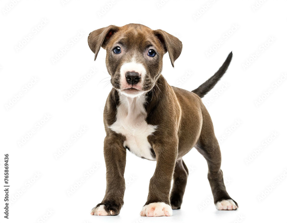 Pit bull Terrier welpe stehend auf vier beinen isoliert auf weißen Hintergrund, Freisteller 