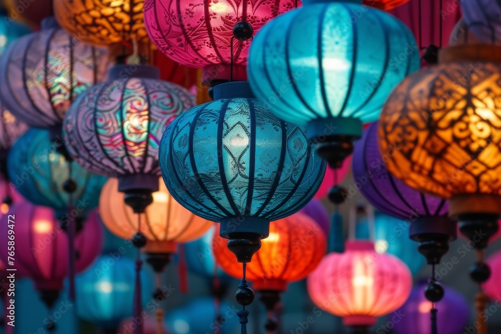 Vibrant Paper Lanterns Swaying in the Night Breeze, Creating a Festive and Serene Atmosphere.