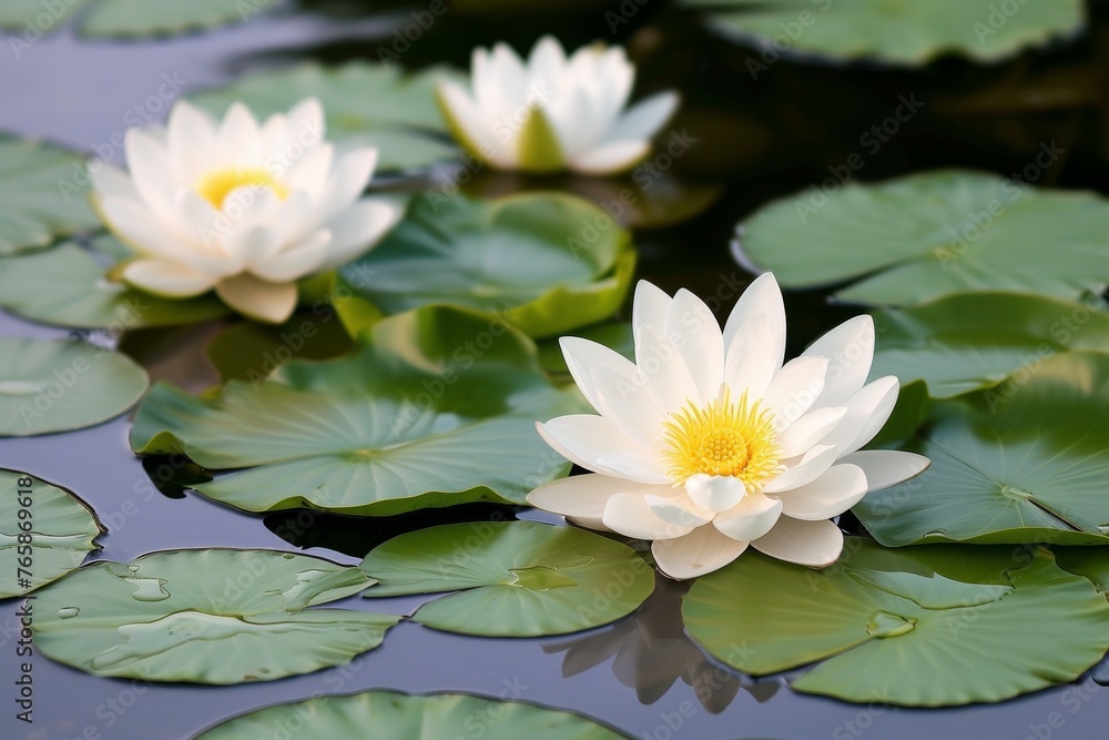 White lotus flowers blooming on serene water, concept of tranquility, purity, and rebirth