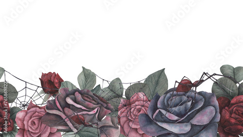 Seamless border black spider with cobweb and dark roses flowers and leaves isolated on white background. Watercolor hand draw dark fantasy illustration. Art design mystical Halloween witch decoration