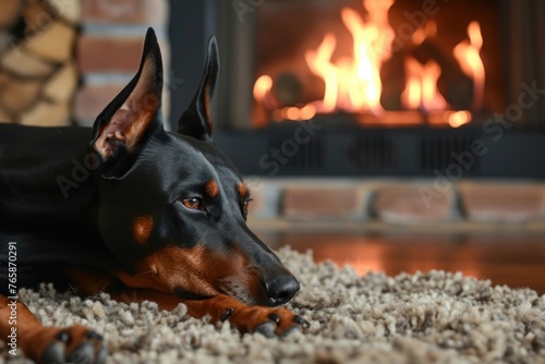 A Doberman lounging contentedly on a plush rug beside a crackling fireplace, its deep chest rising and falling with each peaceful breath photo