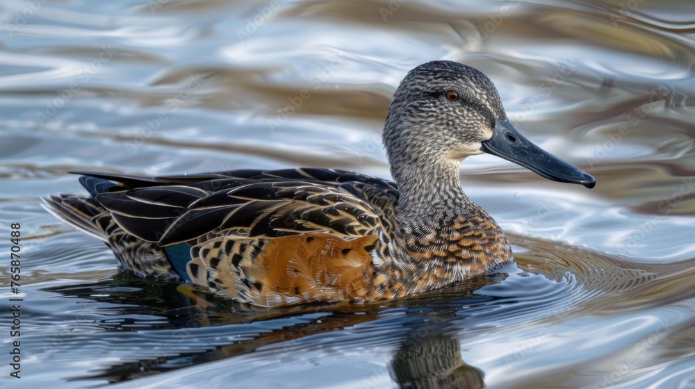 A duck swims looking for food with a beak like a shovel. A duck swims looking for food with a beak like a shovel.