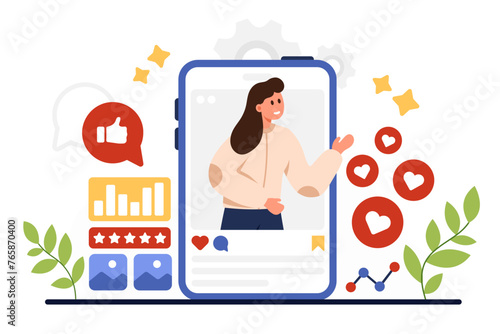 Personal branding, reputation in social media. Tiny woman from mobile phone screen pointing on red heart likes, building online brand identity with digital content cartoon vector illustration