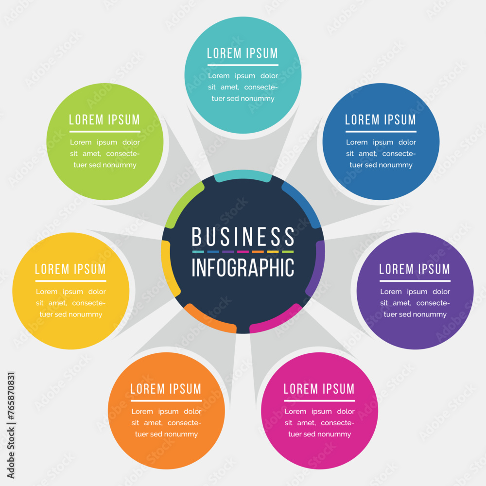 Infographic design circle 7 steps or options business information colored template Infographic design circle 7 steps or options business information colored template