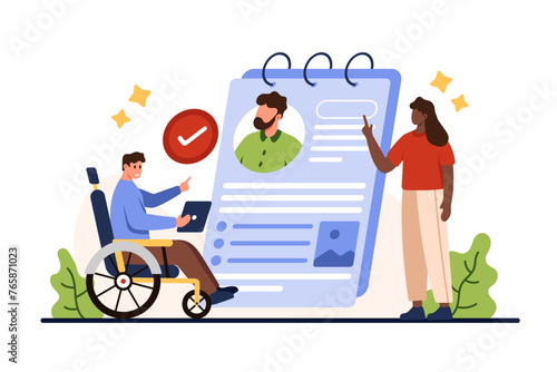 Assistance in job search for person with disability from employment agency. Tiny talent man in wheelchair with approved resume and interview, support of woman in hiring cartoon vector illustration