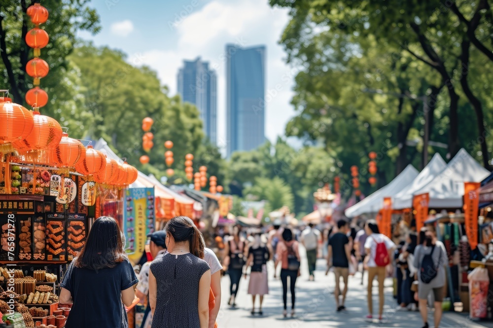 Obraz premium Vibrant Street Market with Colorful Stalls Selling Mooncakes and Festival Goods, Capturing the Festive Chaos and Cultural Celebration Concept.