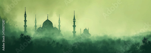 Vintage Landscape Vector Illustration of Mosque and Crescent, Forming a Trendy Islamic Backdrop