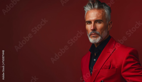 A man in a red suit and sunglasses stands in front of a red background. He has a beard and a mustache. Grey haired middle aged stylish man in a red suit. Photo with copy space on dark red background