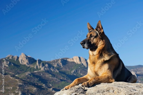 A confident German Shepherd posing on a rocky outcrop against a dramatic mountain backdrop, with a clear blue sky overhead and room for text on the left. © Anna