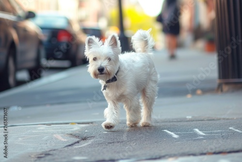 A confident Westie strutting down a city sidewalk, its tail held high and head held higher as it takes in the sights and sounds of the urban landscape, photo