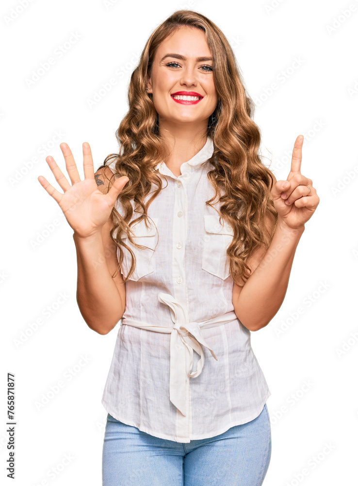 Young blonde girl wearing casual clothes showing and pointing up with fingers number six while smiling confident and happy. Young blonde girl wearing casual clothes showing and pointing up with fingers number six while smiling confident and happy.