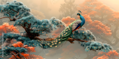 a peacock sitting on top of a tree peacock exquisite digital art  feathers beautiful art3D wallpaper design with florals background.