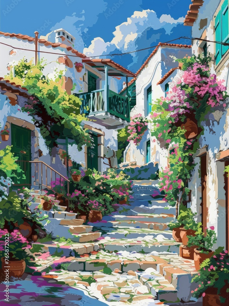 A painting depicting a street filled with colorful flowers blooming along the sidewalks and in hanging baskets, creating a lively and vibrant atmosphere