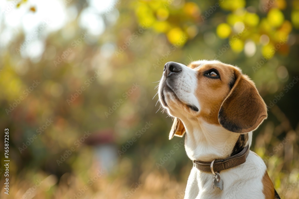 A curious beagle sniffs the air, its ears perked up in interest,