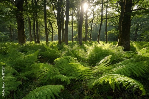 A peaceful forest glade with sunlight filtering through the trees, illuminating a carpet of ferns
