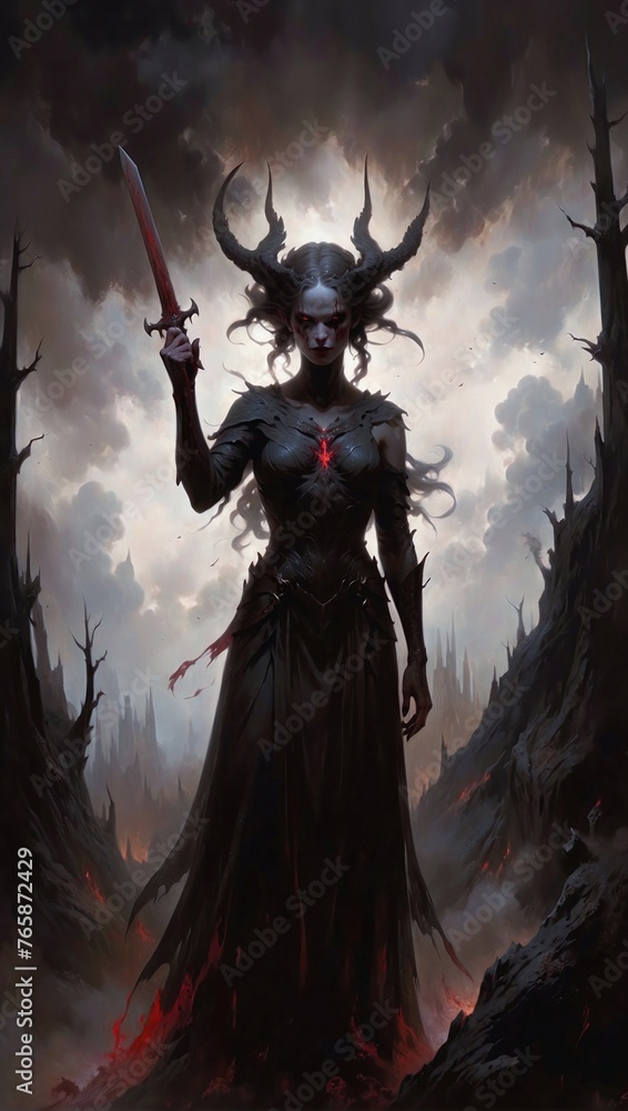 Fototapeta premium Large silhouette of the terrifying goddess of war in black attire in the air. Majestic mountains reaching the sky. Dark fantasy art