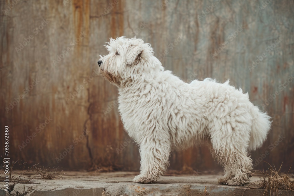 A curious Kuvasz-Hungarian Puli exploring the wilderness, placed to the right against a rustic background, leaving room for text on the left side.