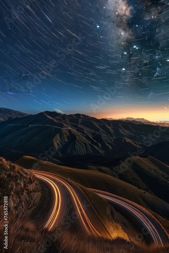 A road winds through a valley under a night sky filled with stars, creating a mesmerizing scene of nature under the dark canopy