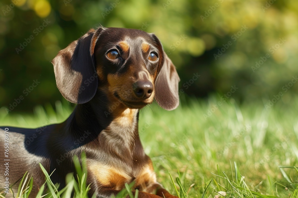 A Dachshund enjoying a sunny day in the park, captured in a lively moment, with space for text on the top right corner.