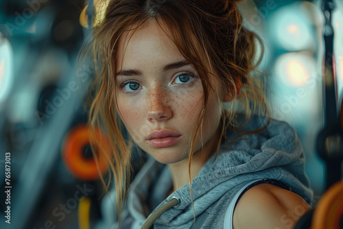 Close up portrait of young woman in sportwear at gym fitness with sweaty face. Sports training equipment workout, AI © Алина Троева