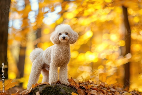 A curious Poodle exploring a colorful autumn forest, its fluffy coat contrasting with the golden leaves, Copy Space.