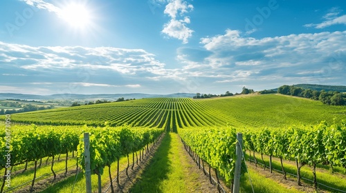 A picturesque vineyard with rows of grapevines stretching towards the horizon under a blue sky