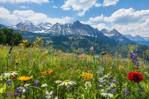 A serene alpine meadow carpeted with colorful wildflowers, with snow-capped peaks in the distance