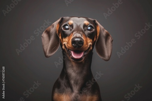A Dachshund with a shiny coat, gazing into the distance, with space for text along the bottom edge of the image. © Anna