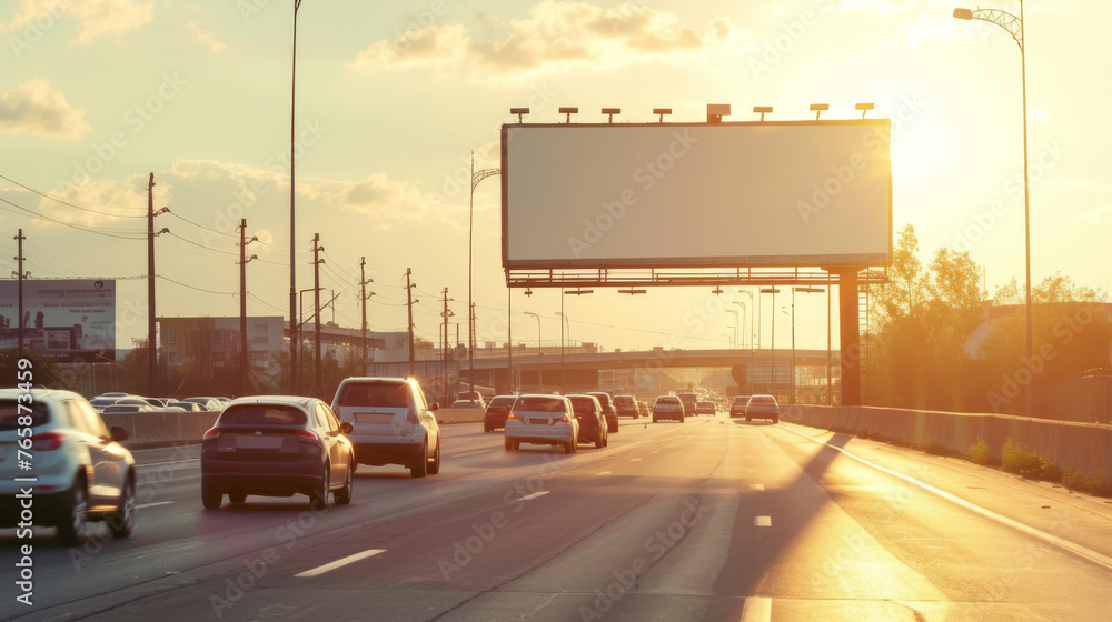 Empty Billboard During Daytime on Busy Road Business Traffic, Generative AI