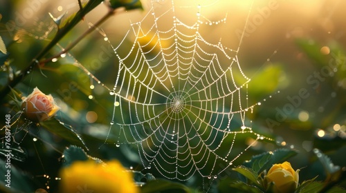 A close-up of a dew-kissed spider web glistening in the morning light, showcasing intricate patterns and droplets