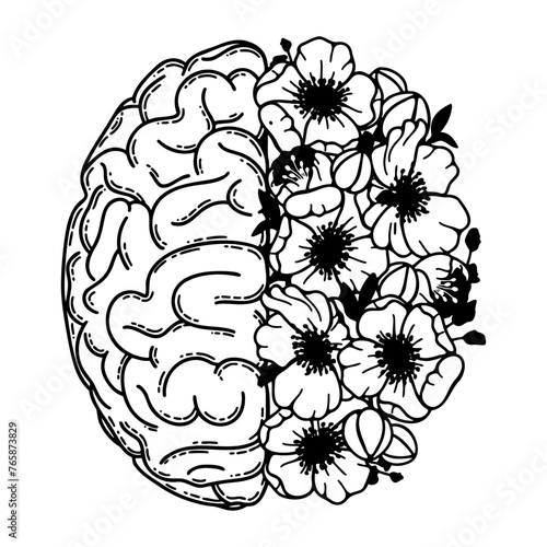 Cerebral hemispheres, human realistic brain with flowers. Brain, mental health, logic and emotion priority concept