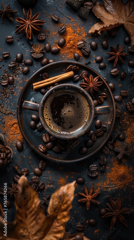 A coffee cup encircled by raw coffee beans cinnamon sticks A coffee cup encircled by raw coffee beans cinnamon sticks