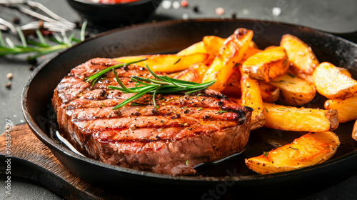 Succulent Ribeye Steak and Golden Fries on Elegant Wooden Plate.